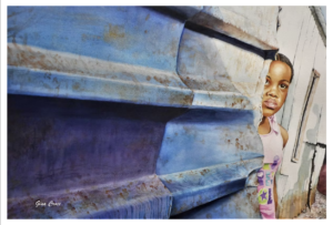 Watercolor of a little girl peeking around the corner of a structure